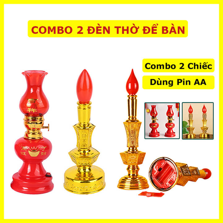 [COMBO 2] Đèn thờ dùng pin tiểu AA để bàn, đèn cầy đèn thờ cúng phật, đèn thờ thần tài ông địa