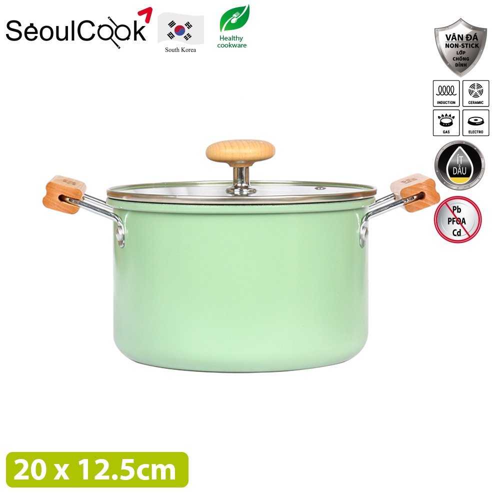 Seoulcook Luxury – Nồi 20cm đáy từ / Induction cao cấp Hàn Quốc, chống dính vân đá an toàn cho sức khỏe, dùng được tất cả các loại bếp