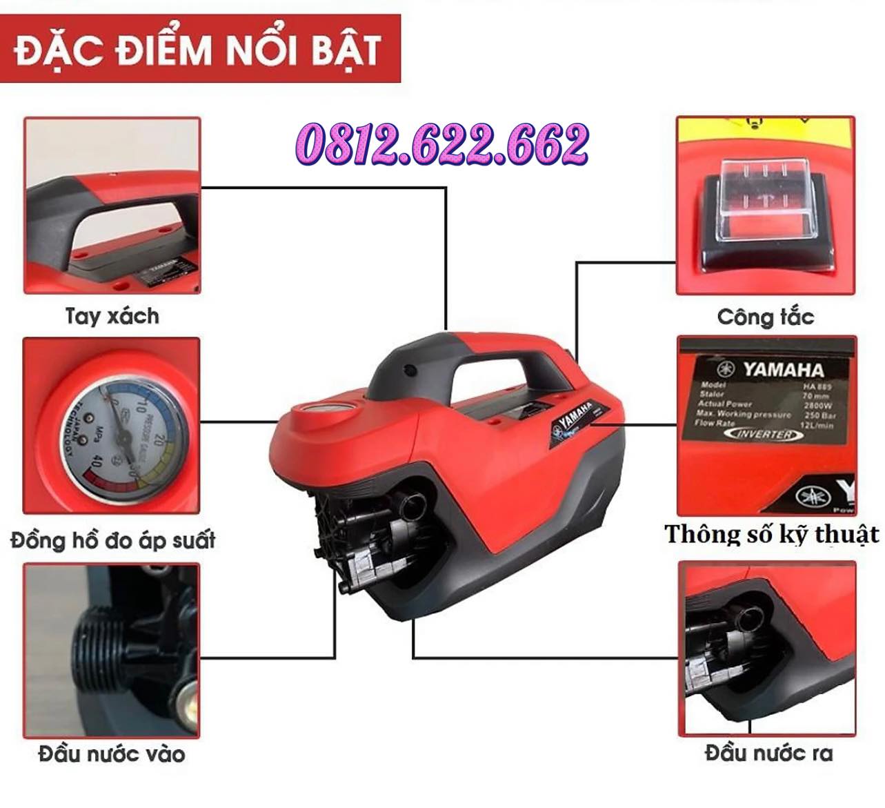 Máy rửa xe mini I Máy rửa xe cao áp YAMAH 3500W HA889 - Có áp chống giật - Chống cháy