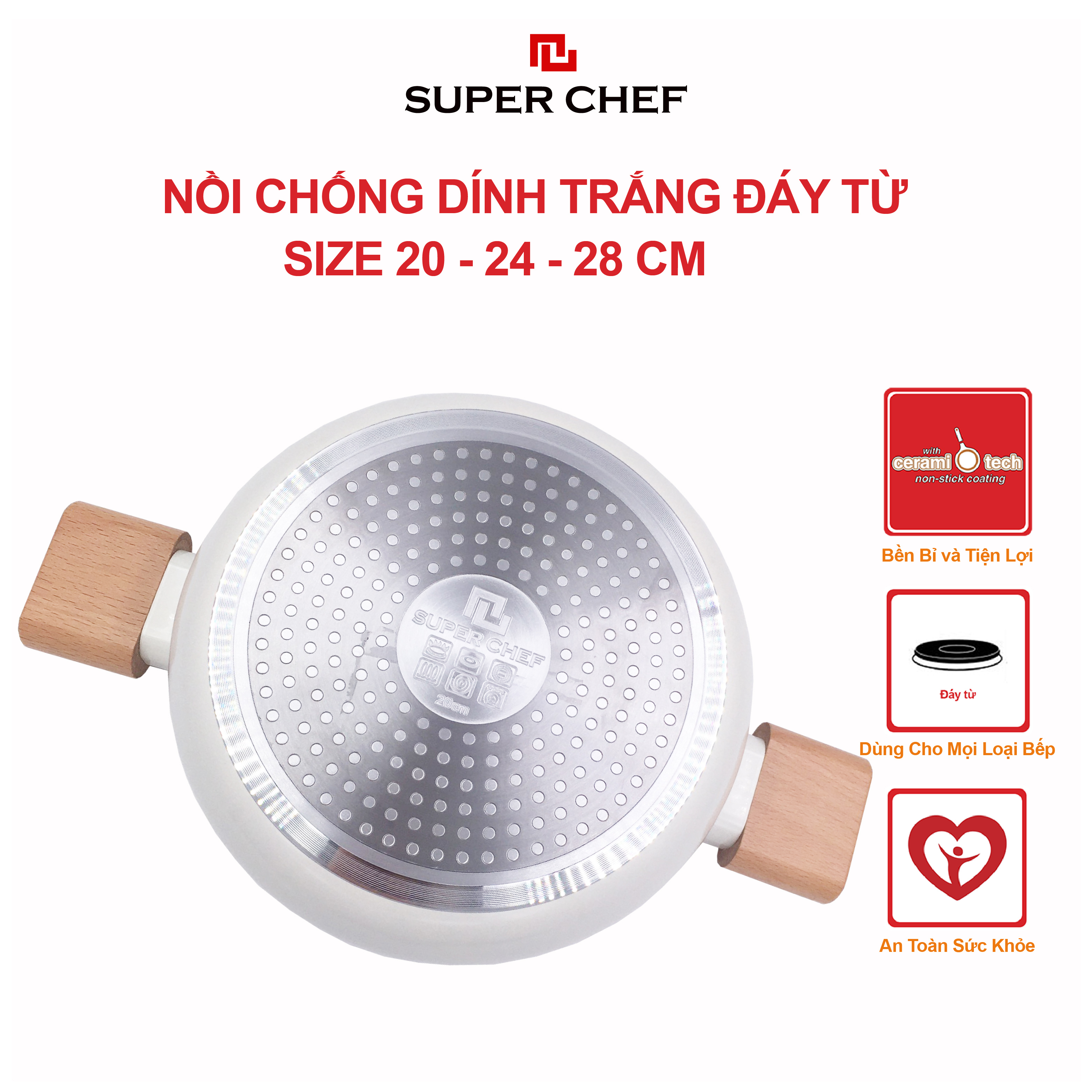 Nồi nắp kính SUPER CHEF h.kim tráng men trắng đáy từ bền bỉ, tiện bỉ