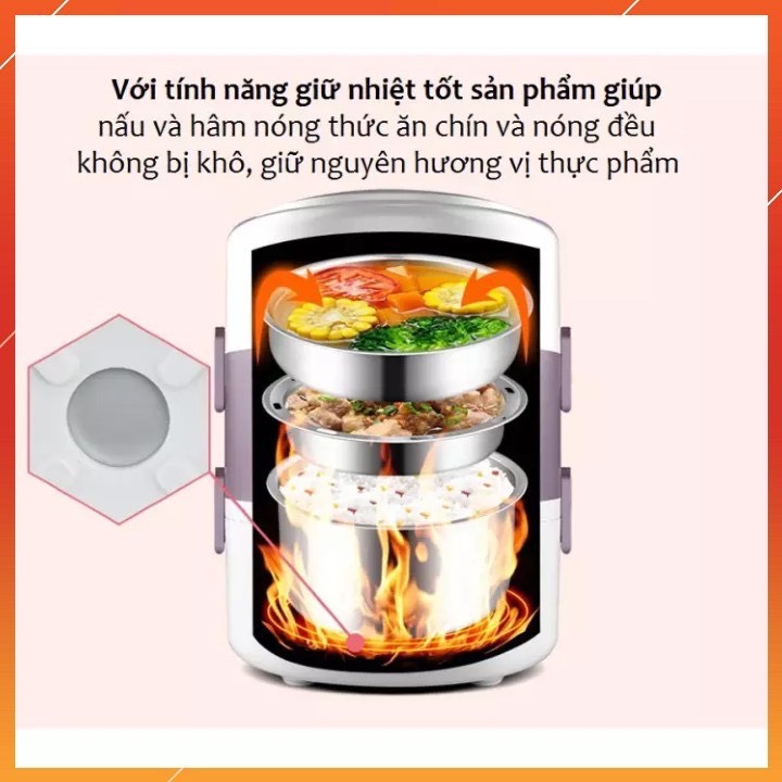 Bộ Hộp Cơm Giữ Nhiệt Văn Phòng Cao Cấp Cắm Điện inox 3 tầng - Chính Hãng