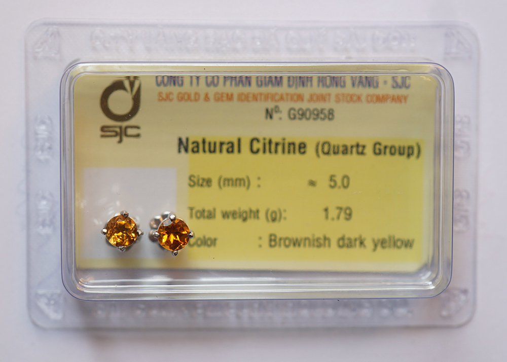 Hình ảnh Bông tai nữ đá citrine thạch anh vàng tự nhiên 5mm mài giác tròn 59125