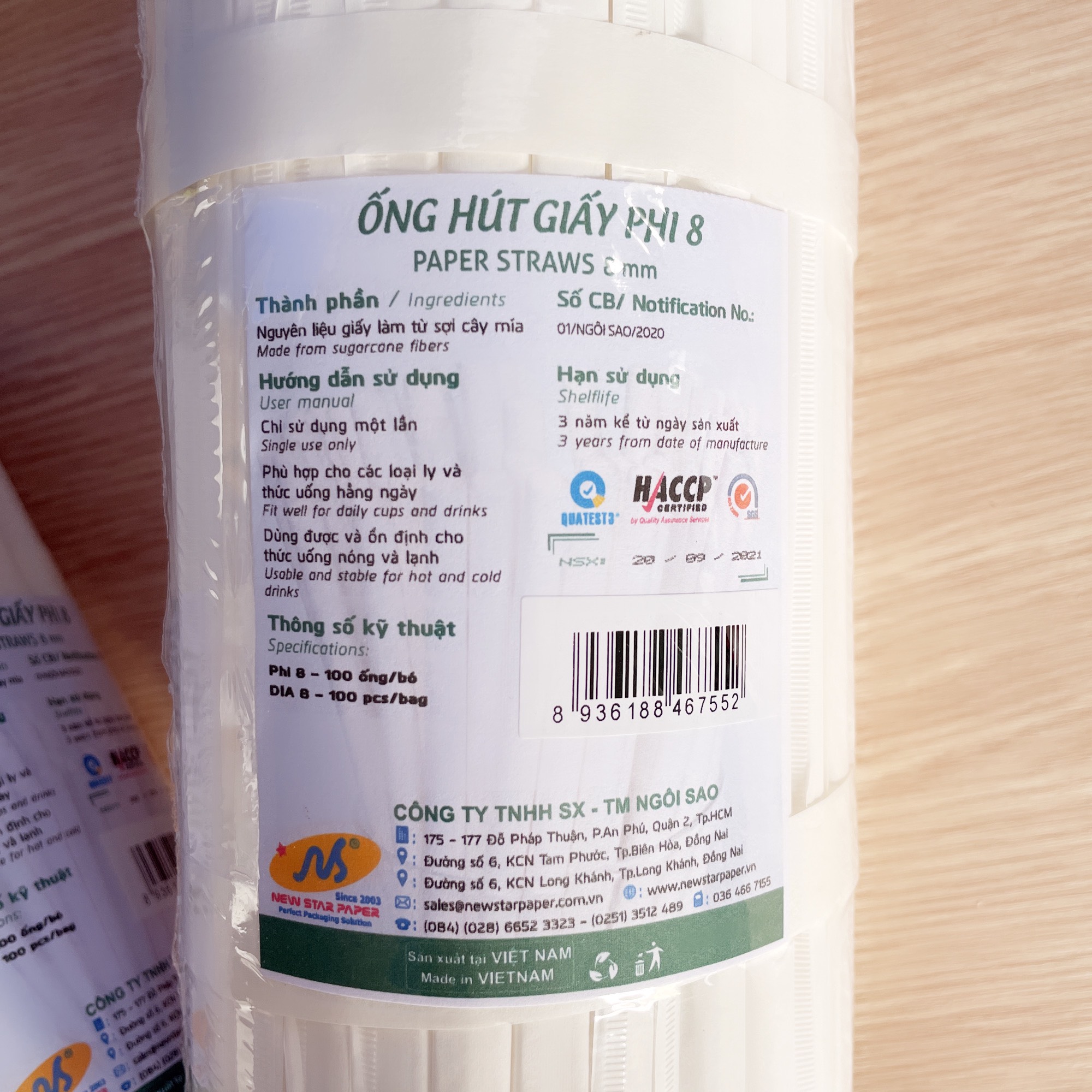 Phi 8 - Hộp 100 ống hút giấy làm từ sợi mía có bao gói