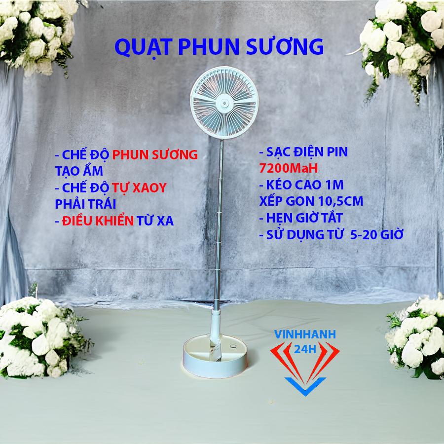 Quạt phun sương xếp gọn, Chế độ tự xoay phải trái, Điều khiển từ xa, Sạc tích điện, pin 7200MaH, Sử dụng 5-20 giờ