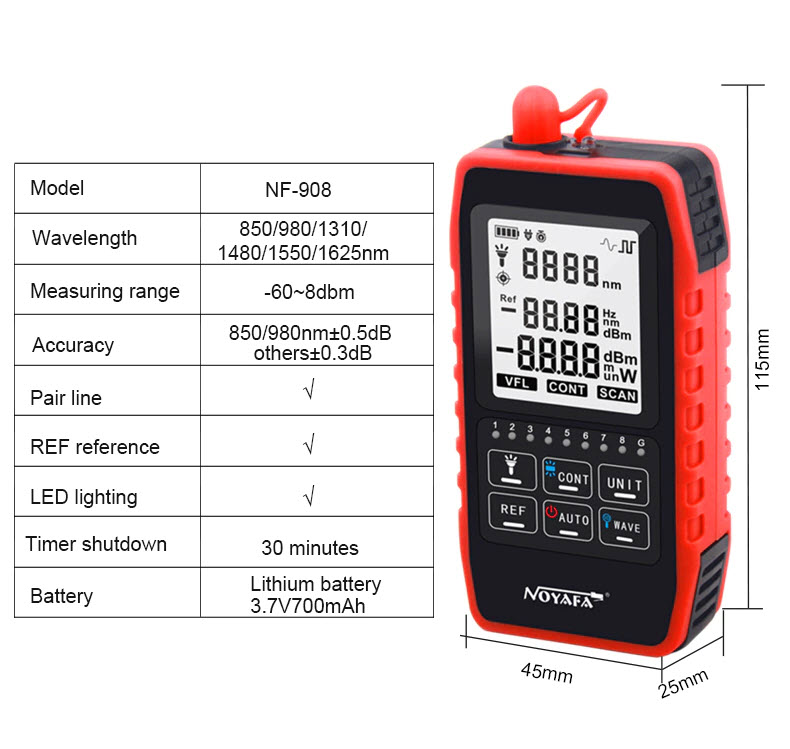 Máy Đo Công Suất Quang Và Test Cáp Mạng NOYAFA NF-908 (Dùng Pin Sạc) - Hàng Chính Hãng. NOYAFA NF-908 Multifunction Optical Power Meter Visual Fault Locator Network Cable Test Optical Fiber Tester