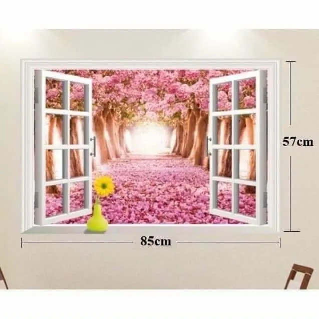 Decal dán tường cửa sổ anh đào và hàng rào hồng - HP125
