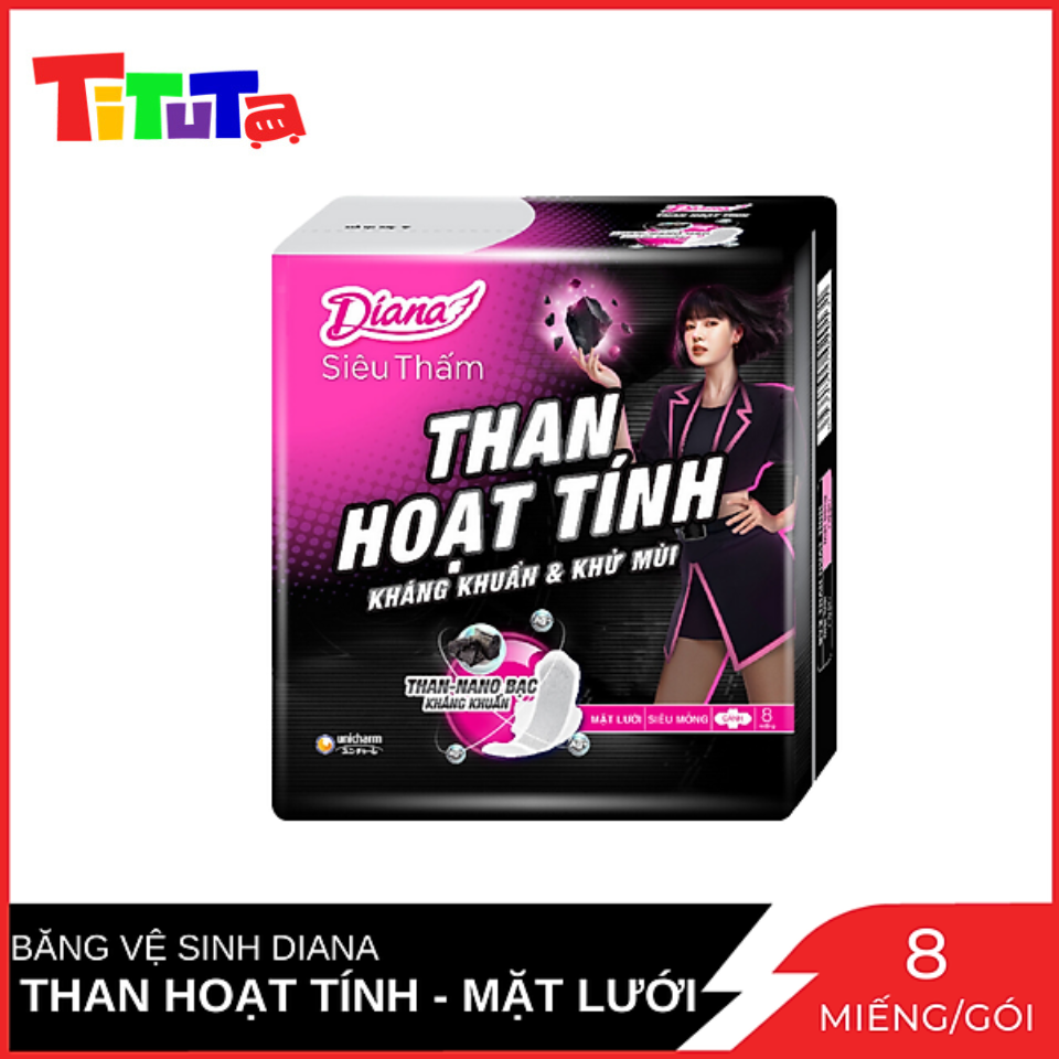 Băng Vệ Sinh Diana Than Hoạt Tính mặt lưới siêu thấm siêu mỏng cánh Gói 8 miếng