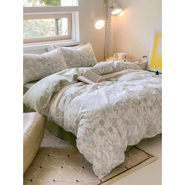 Bộ Chăn Ga Gối Cotton Living Hàng Nhập Khẩu Cao Cấp 4 Món Hoa Xinh Xanh Mát