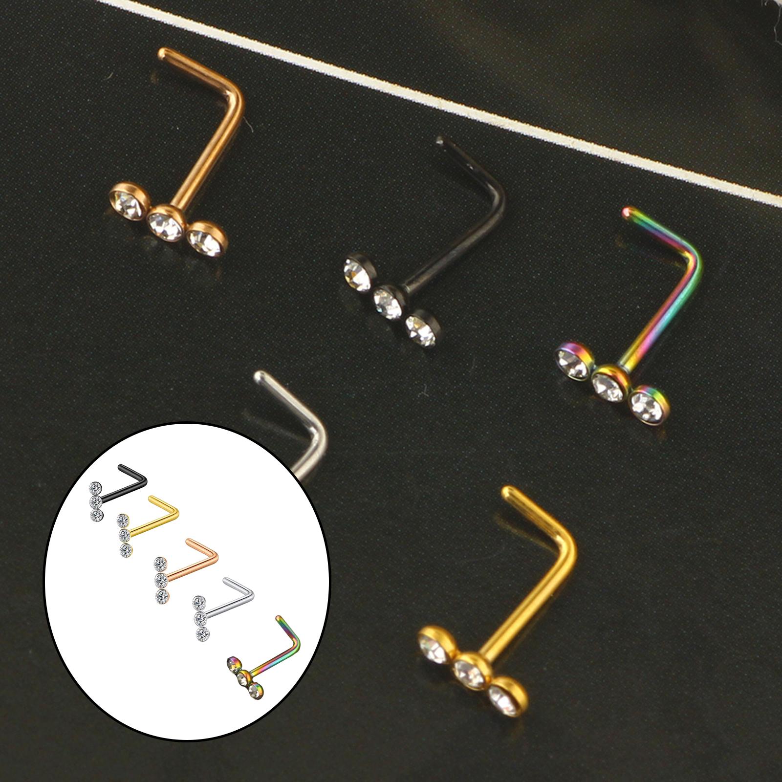 5pcs Nose Stud Stainless Steel Rhinestone Crystals L-Shape Screw Bones Piercing Jewelry for Men Women Girl 7mm