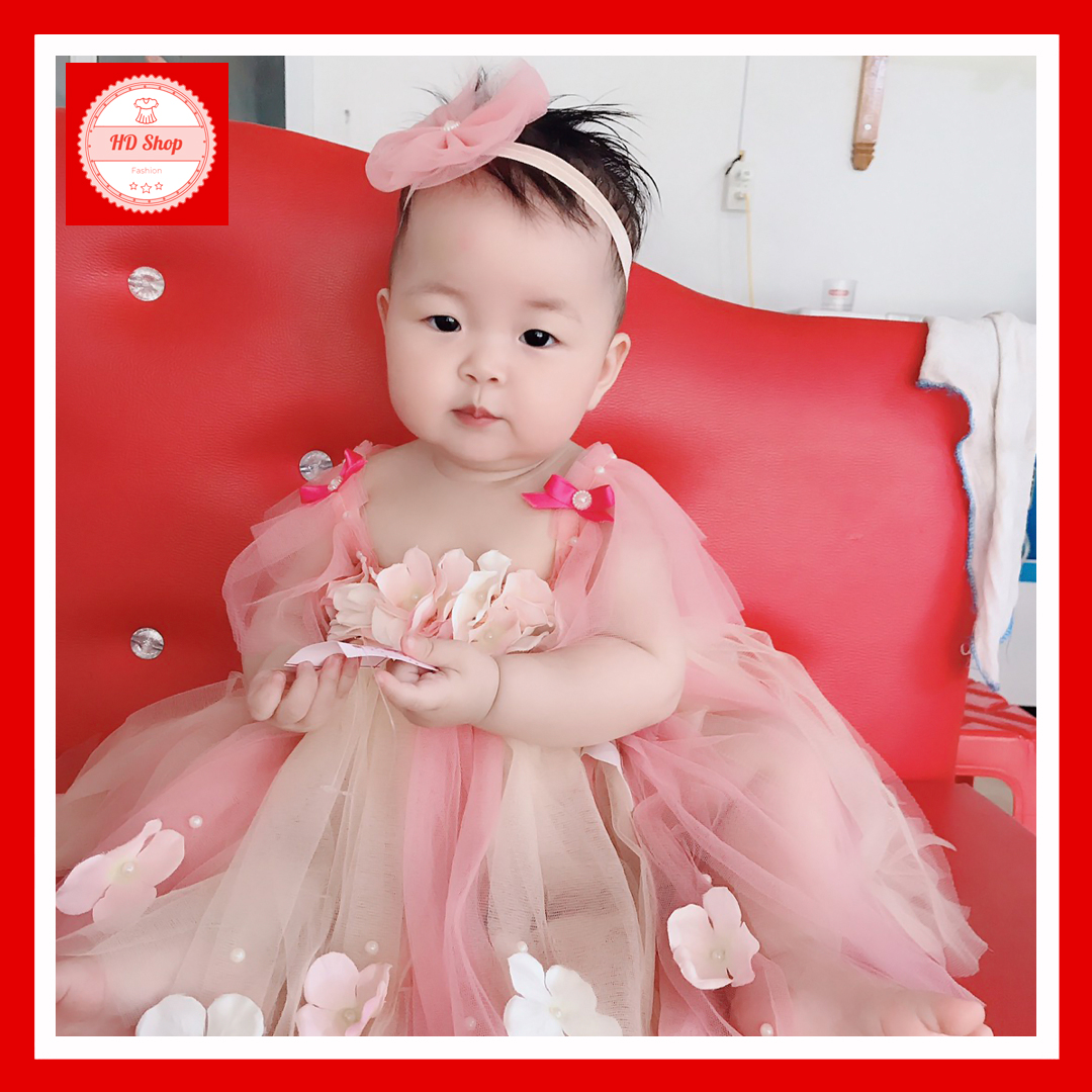 Đầm bé gái ️FREESHIP️ Đầm công chúa cho bé gái canh tiên hồng cam phối kem tú cầu