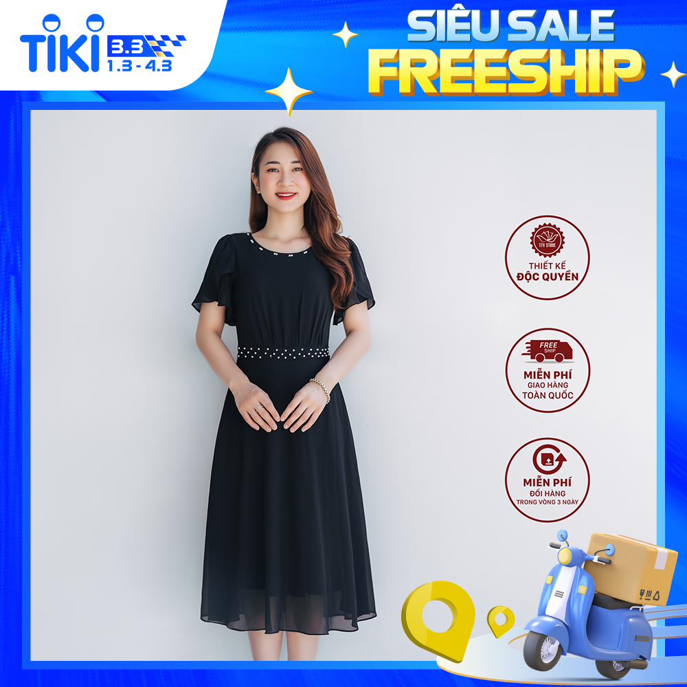 Đầm xòe thiết kế trung niên sang trọng Cổ tròn đính ngọc màu đen TTV STORE TTV1061