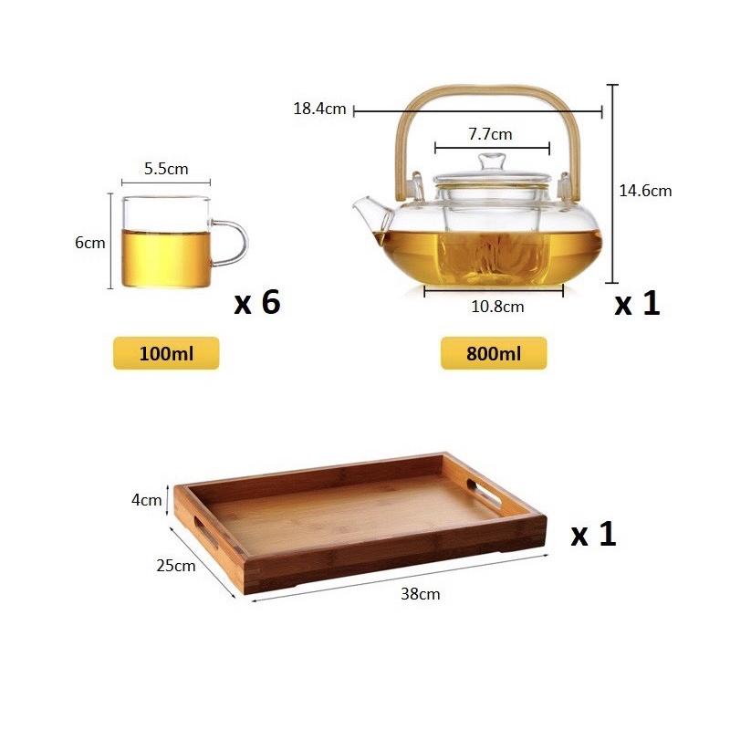Bộ ấm chén thủy tinh pha trà tay gỗ 800ml kèm khay gỗ