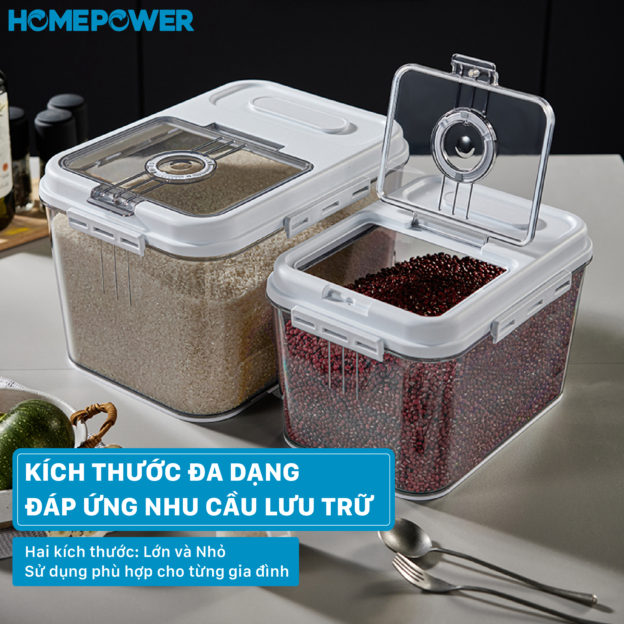 Thùng đựng gạo thông minh HOMEPOWER - Nắp lật từ tính, Vòng ghi chú thời gian, Chống côn trùng, ẩm mốc