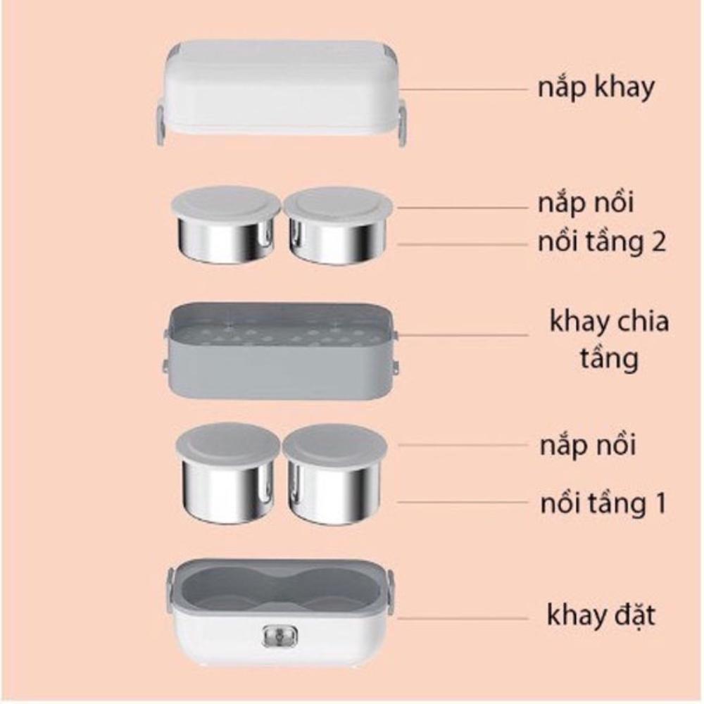 Hộp cơm cắm điện văn phòng 2 tầng 4 khay inox, cặp lồng cơm giữ nhiệt tự nấu chín hâm nóng đồ ăn bảo hành 12 tháng