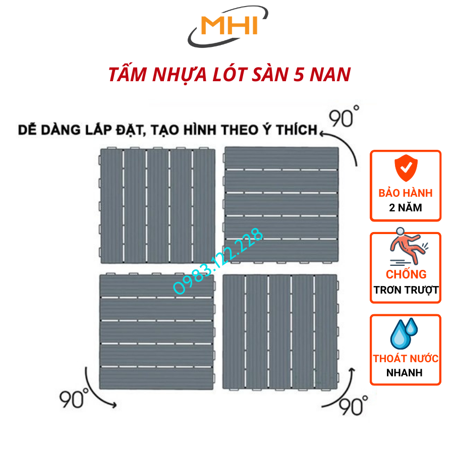 Tấm nhựa lót sàn MHI cao 2 cm, chuyên dụng cho ban công, bể bơi sân vườn PP - kích thước 30 cm x 30 cm x 2 cm