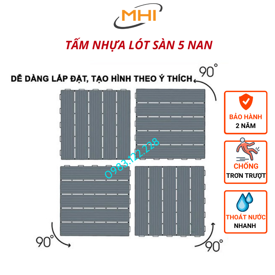 Vỉ nhựa lót sàn MHI cao 2 cm, chuyên dụng cho ban công, bể bơi sân vườn PP - kích thước 30 cm x 30 cm x 2 cm
