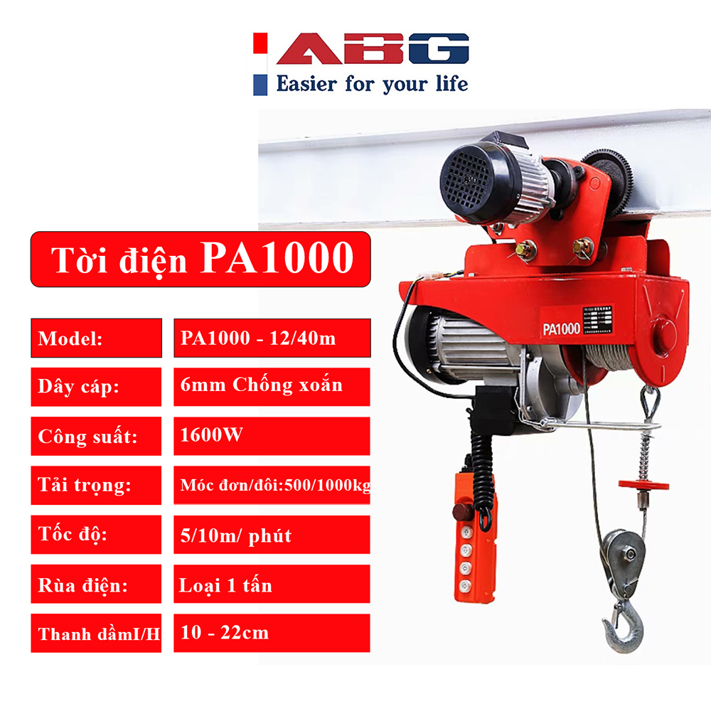 Bộ Tời Điện Kèm Rùa ABG PA1000 (250/500Kg) 12 Mét Giúp Máy Tời Treo Nâng Hạ Vật Nặng Dễ Dàng Trong Nhà Xưởng Công Nghiệp Và Đời Sống, Nâng Kéo Linh Hoạt, Hiệu Quả Cao – Hàng Chính Hãng