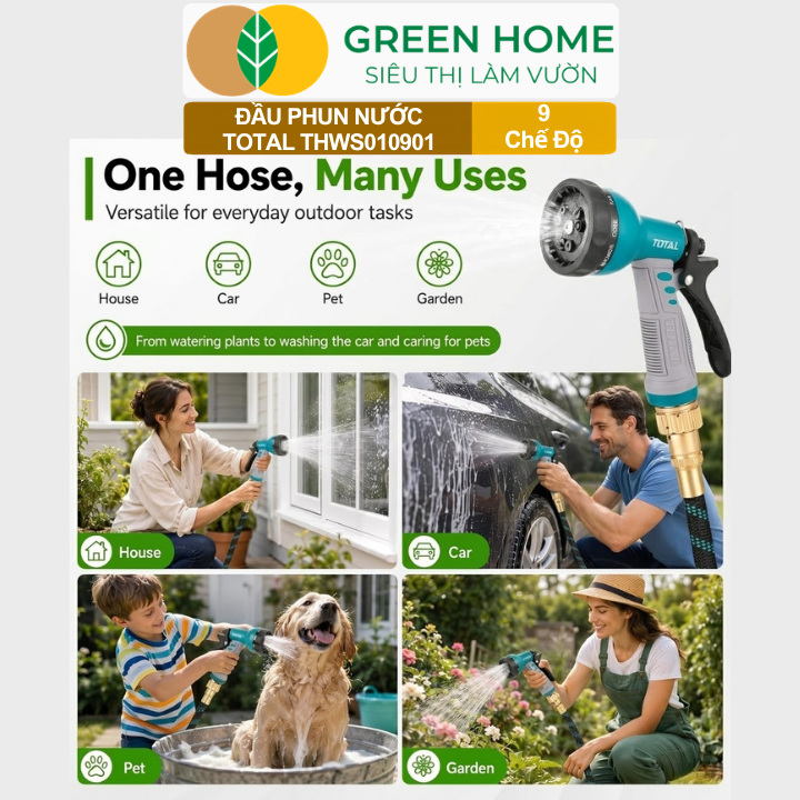 Đầu Phun Nước Total THWS010901 GreenHome, 9 Chế Độ Phun Linh Hoạt,Chất Liệu ABS, Tay Cầm Chống Trượt