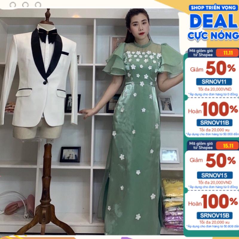 Tơ Organza lót lụa hoa nổi tay bồng thiết kế