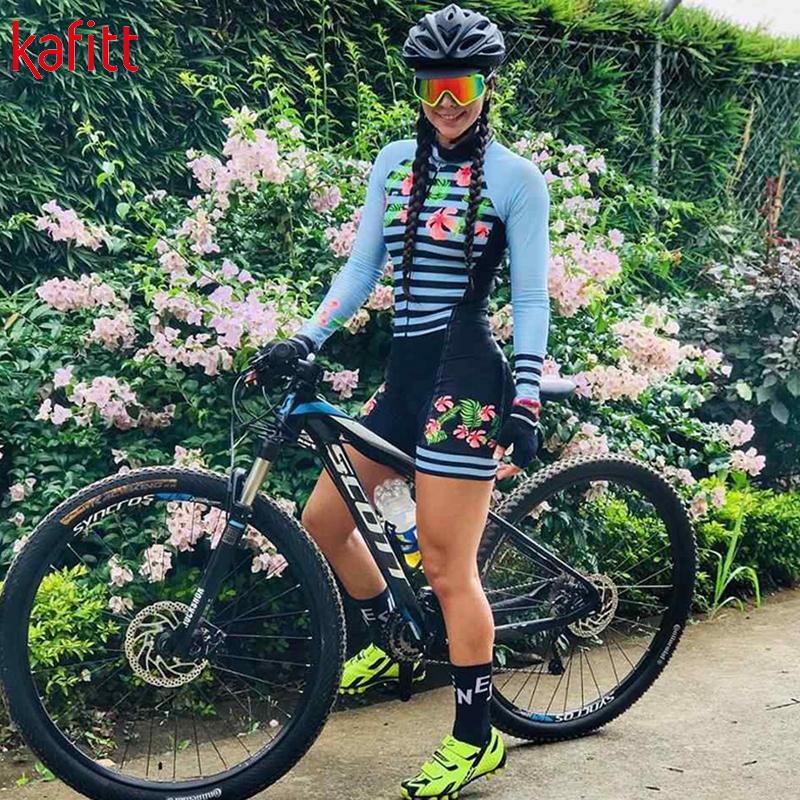 Kafitt Pro Đội Ba Môn Phối Hợp Bộ Nữ Đi Xe Đạp Áo Liền Quần Dài Tay Macaquinho Ciclismo Feminino Bộ Miếng Gel Color: kafitt20-70 Size: XXS
