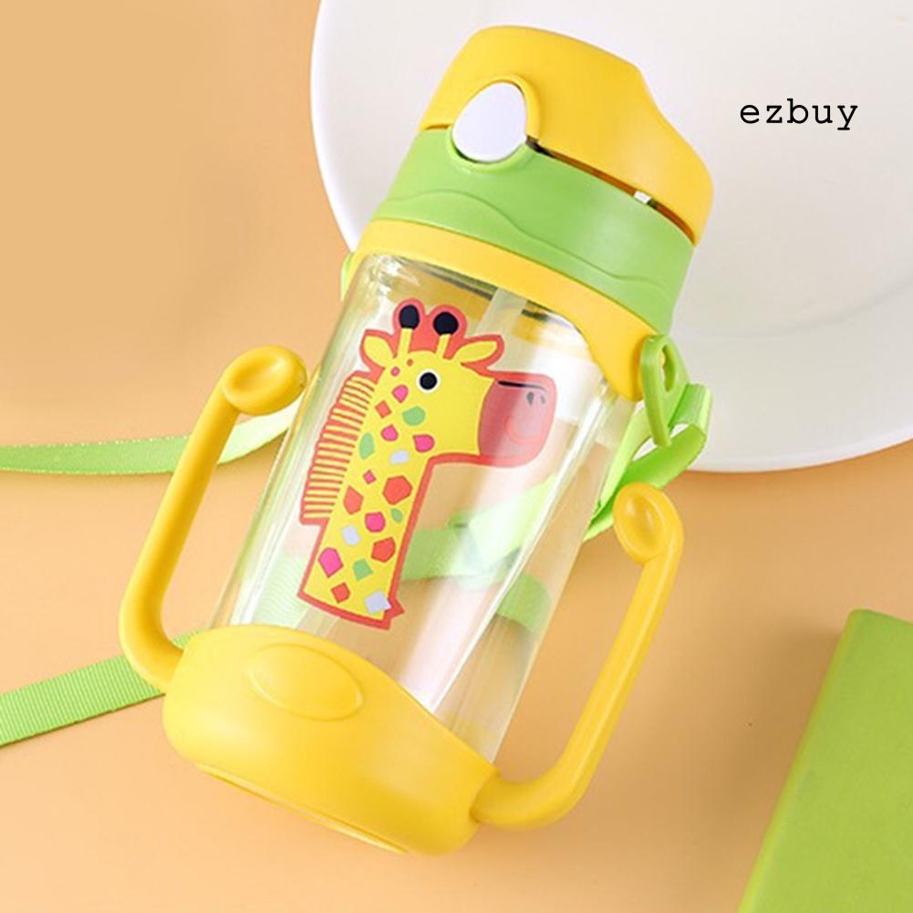 Bình nước 400ml chống rò rỉ họa tiết hoạt hình có ống hút và dây đeo cho bé