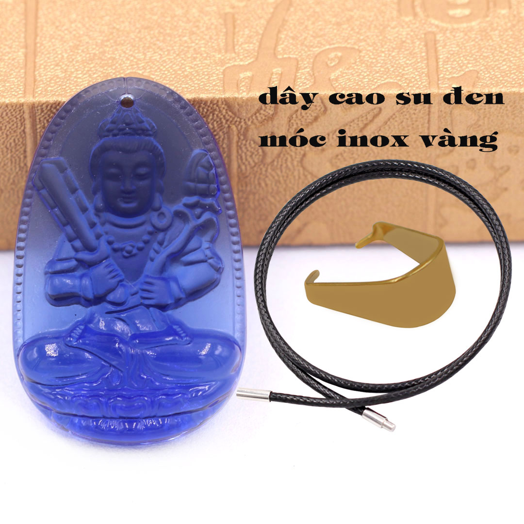 Mặt Phật Hư không tạng thuỷ tinh xanh dương 3.6 cm kèm móc và vòng cổ dây cao su đen, Mặt Phật bản mệnh