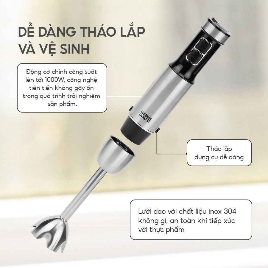 Máy xay sinh tố cầm tay đa năng Lebenlang LBL3638, công suất 1000W, lưỡi dao 2 cánh, bảo hành 2 năm – hàng chính hãng