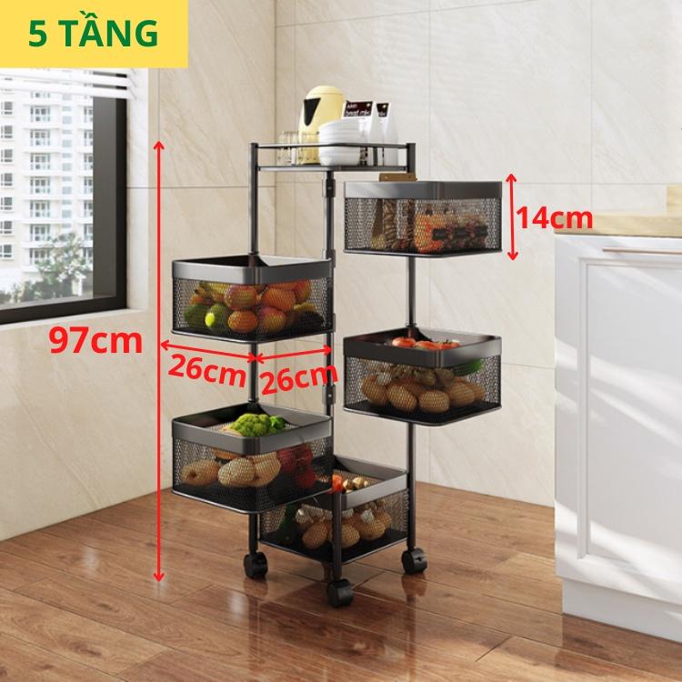 Kệ Xoay Đa Năng Vuông 5 Tầng Có Bánh Xe Đựng Rau Củ Quả, Giá Kệ Đựng Đồ Nhà Bếp Thông Minh Thép Không Gỉ Cao Cấp_Nutosan
