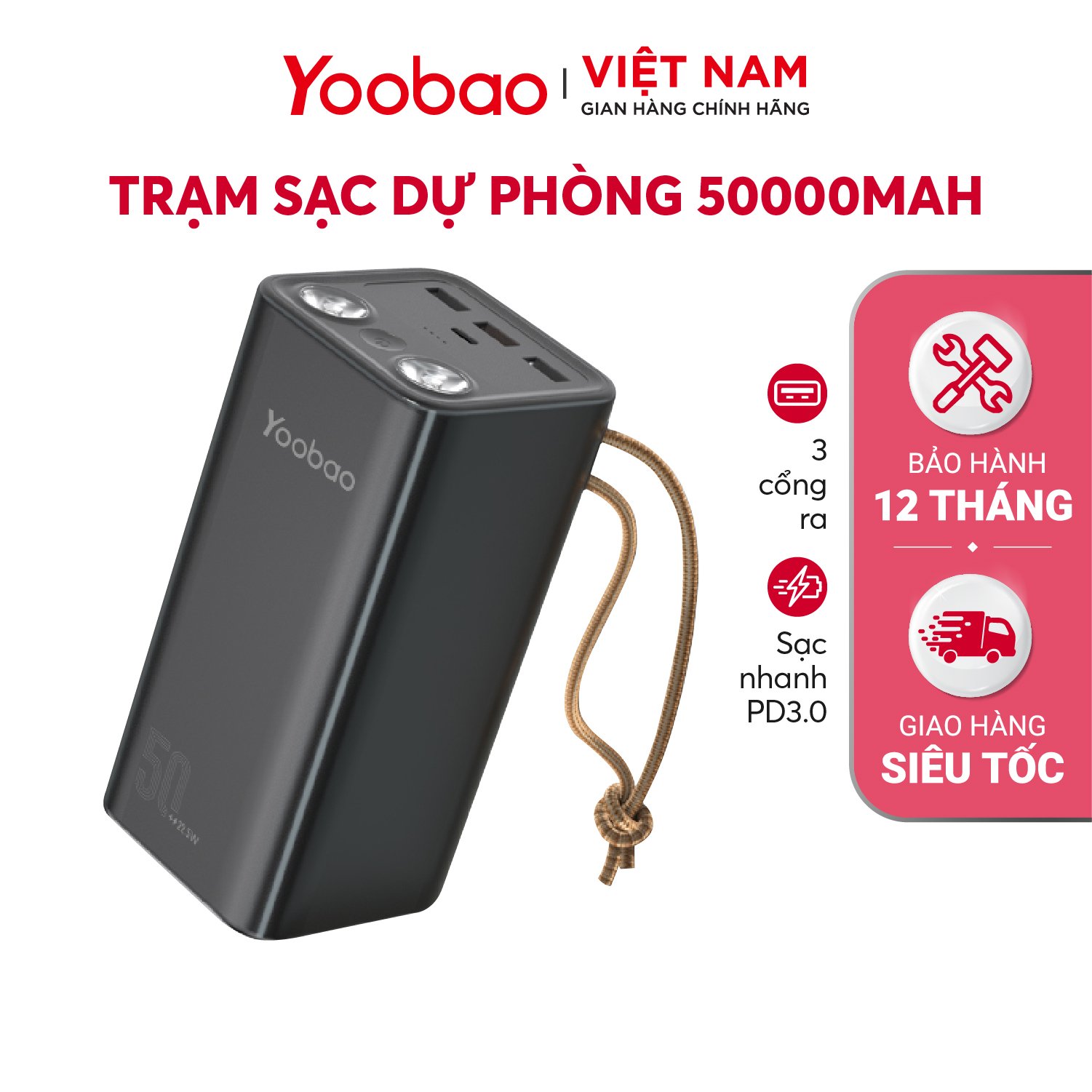 Pin sạc dự phòng YOOBAO H5 dung lượng 50000 mAh, tích hợp đèn pin siêu sáng, hỗ trợ các giao thức sạc nhanh Hàng chính hãng - BH12T