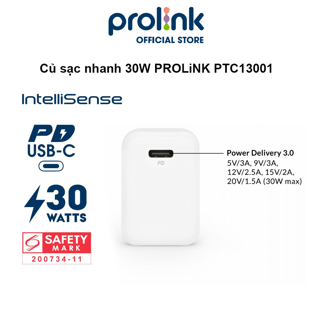 Củ sạc nhanh 30W PROLiNK PTC13001, 1 cổng USB-C, IntelliSense, PD 3.0, sạc siêu nhanh cho điện thoại, máy tính bảng - Hàng chính hãng