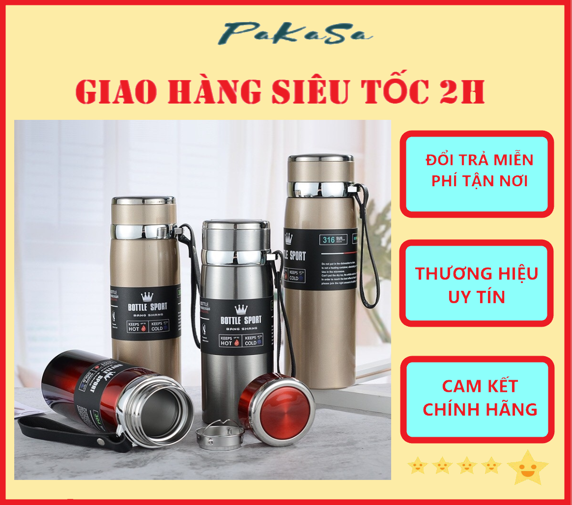 Bình Nước Giữ Nhiệt 2 Lớp Bottle sport Chất Liệu Inox Có Quai Xách Bằng Da Cao Cấp Hàng Chuẩn Loại 1 - Chính Hãng