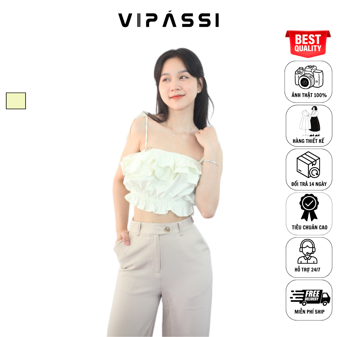 VIPÁSSI - Áo Hai Dây Linen Nhún Phối Bèo 2 Tầng Xanh Nhạt Ngắn Bo Thun Eo