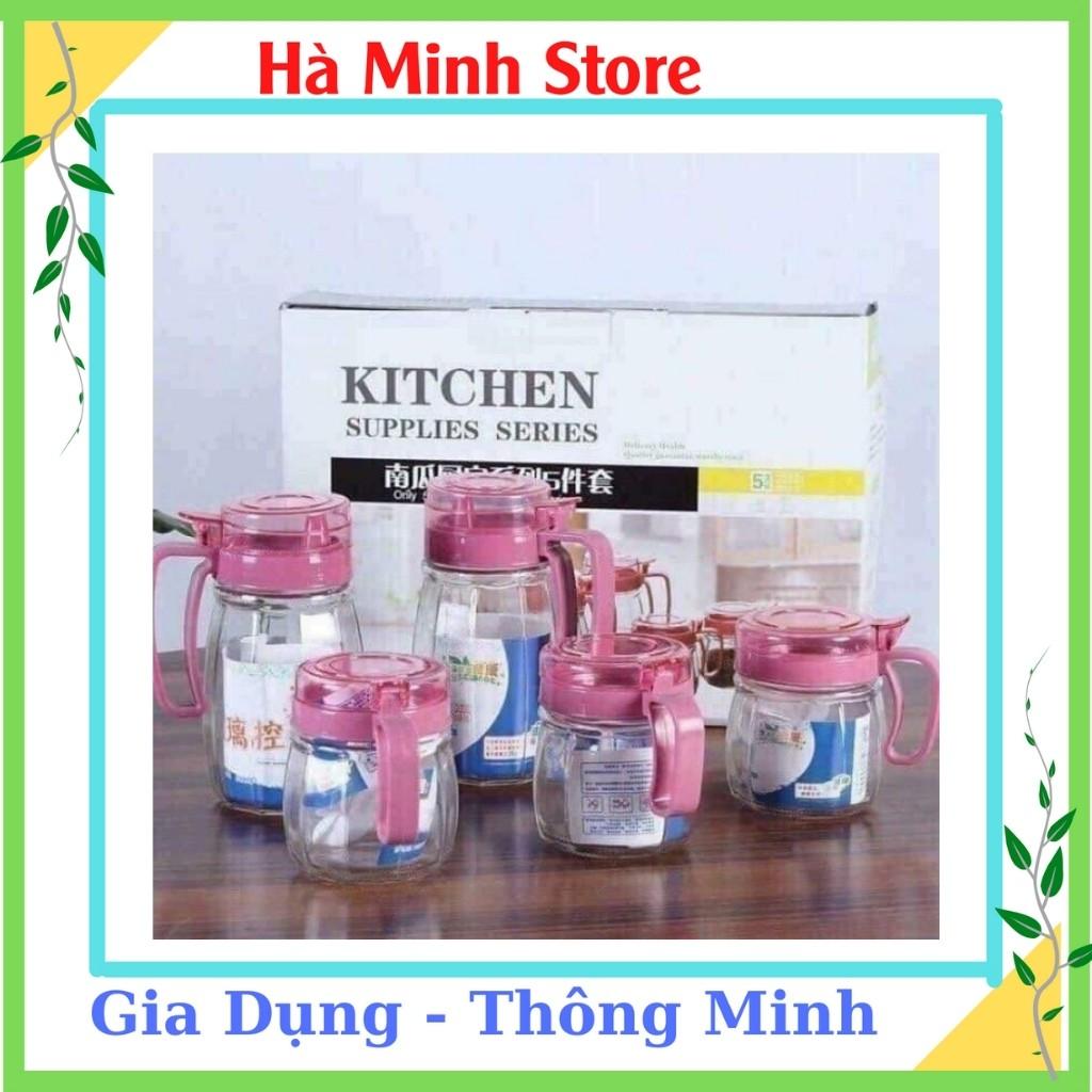 COMBO SET 5 Hũ Gia Vị Thuỷ Tinh Màu Hồng