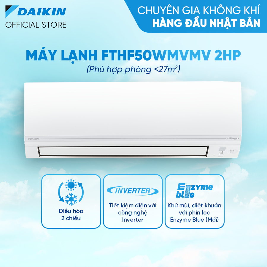 [Model mới 2023] - Máy Lạnh Daikin Inverter 2 chiều FTHF50VVMV - 2HP (18000BTU) Tiết kiệm điện - Luồng gió Coanda - Tinh lọc không khí - Độ bền cao - Bảo vệ bo mạch - Chống ăn mòn - Làm lạnh nhanh - Hàng chính hãng