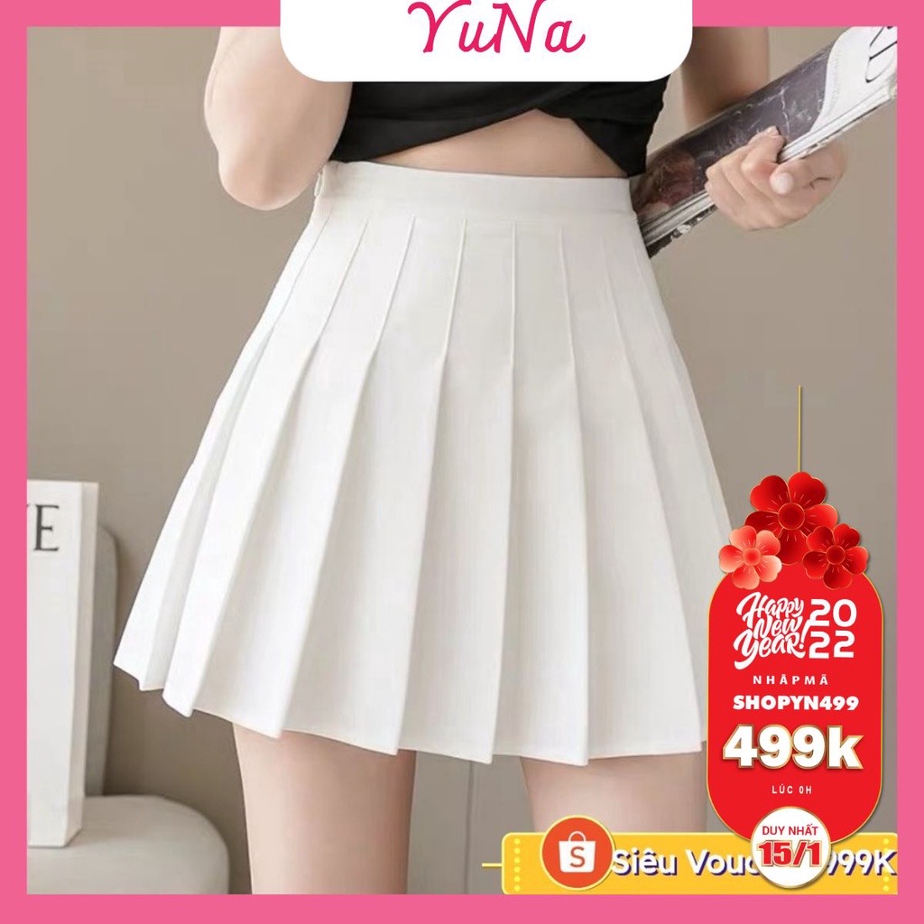 ￼Chân váy xếp ly tennis YUNA chữ a ngắn màu trắng đen cạp cao phong cách Ulzzang, phụ kiện thời trang MAIKA