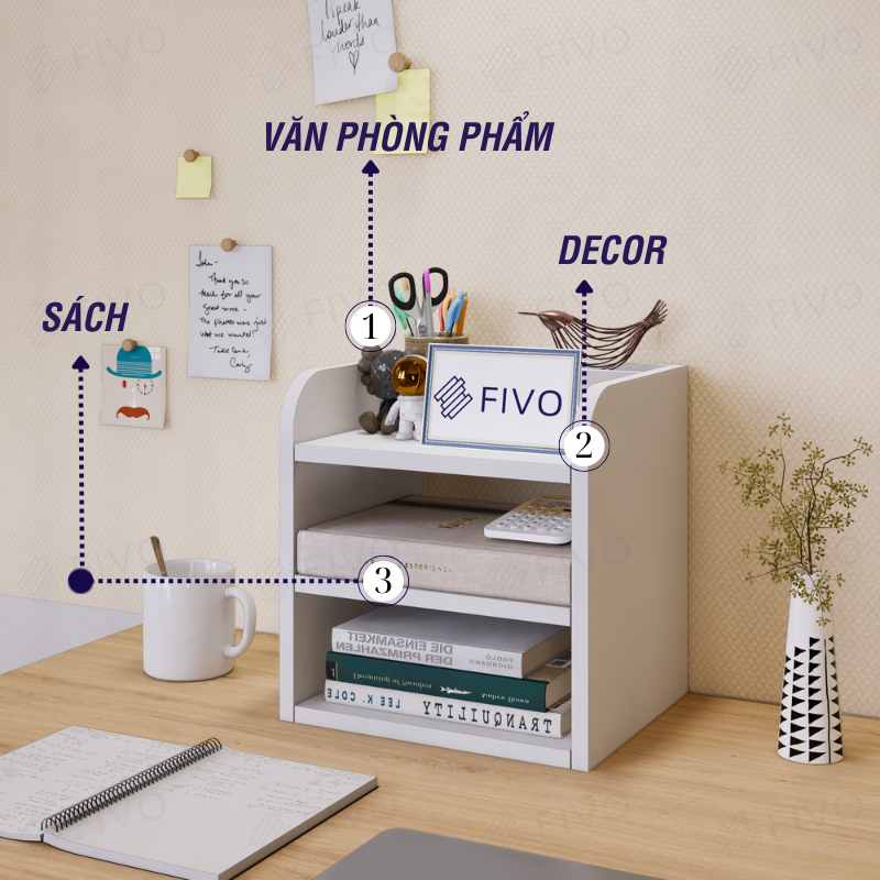 Kệ Sách Gỗ Mini Để Bàn FIVO FB26 Cao Cấp Màu Trắng Và Xám, Có Hộc, Tiết Kiệm Diện Tích, Bo Góc Thẩm Mĩ
