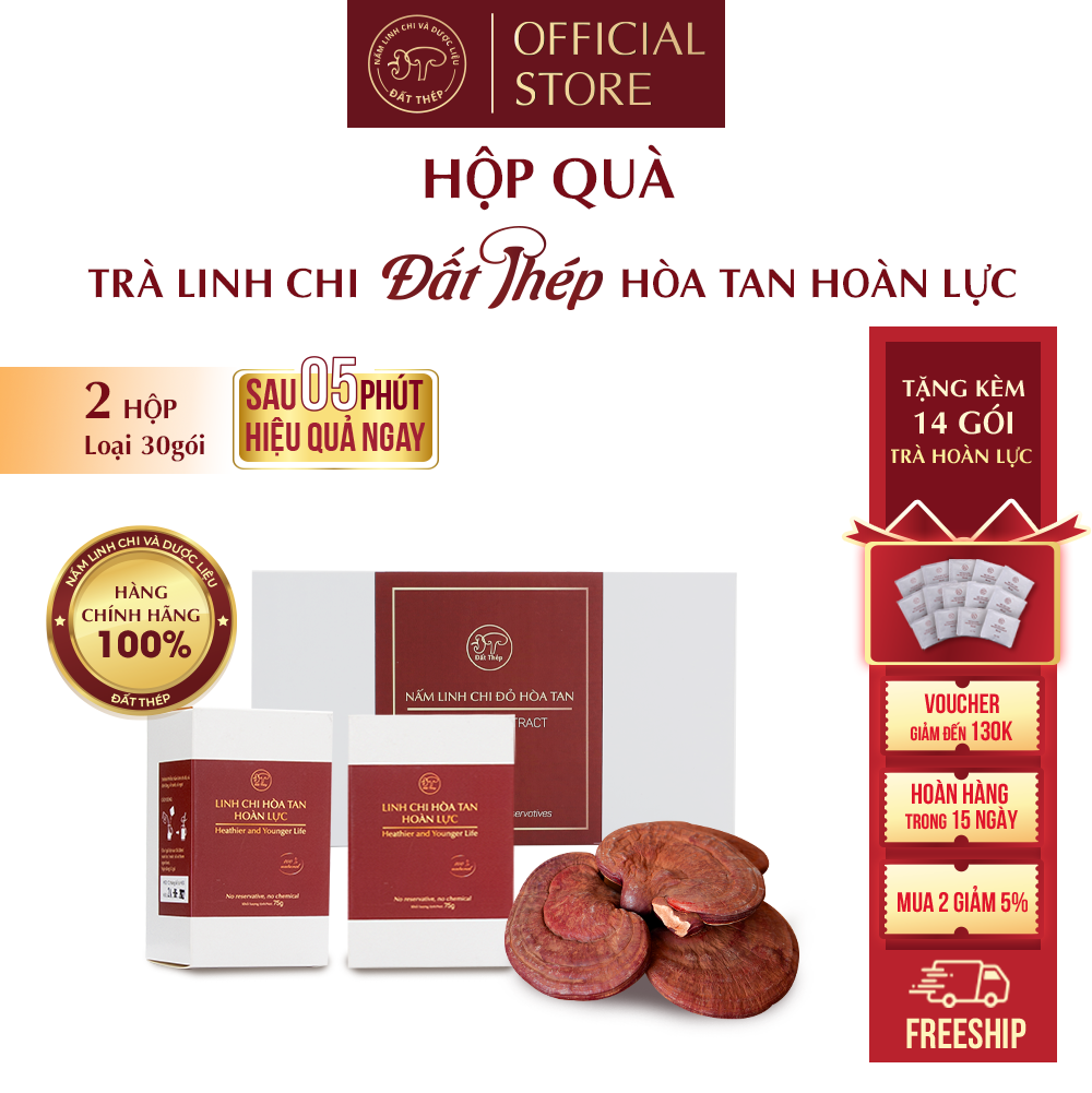 Trà Nấm Linh Chi Đất Thép Hòa Tan Hoàn Lực Hộp loại 30 gói - Hồi phục năng lượng - Tăng tuần hoàn máu