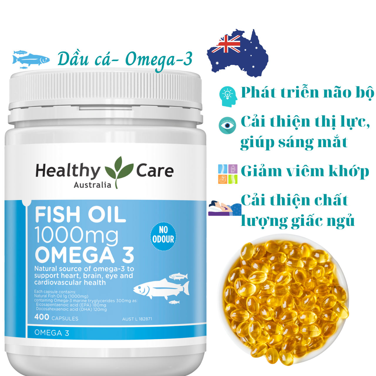 Omega 3 Úc Healthy Care Fish Oil 1000mg Hỗ trợ sức khỏe não bộ, tim mạch, khớp, bổ mắt và tăng sức khỏe tổng thể - Massel Official - 400viên /hộp