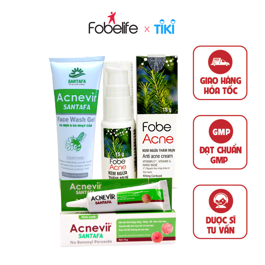 Combo Chăm Sóc Mụn Viêm Mụn Mủ - Sữa rửa mặt  Kem Mụn Viêm Mụn Mủ   Kem Chấm Thâm Mụn Fobe Acne