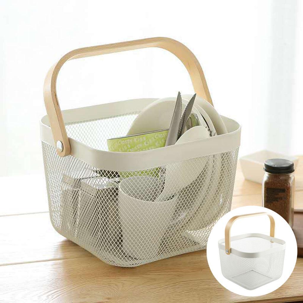 Mesh Storage Basket with Wooden Handle Vegetables Food Kitchen Organizer
