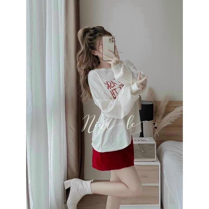 Sét áo kèm chân váy nữ áo thun cotton tay dài in chữ phối chân váy mini đỏ kiểu dáng trẻ trung thời thượng