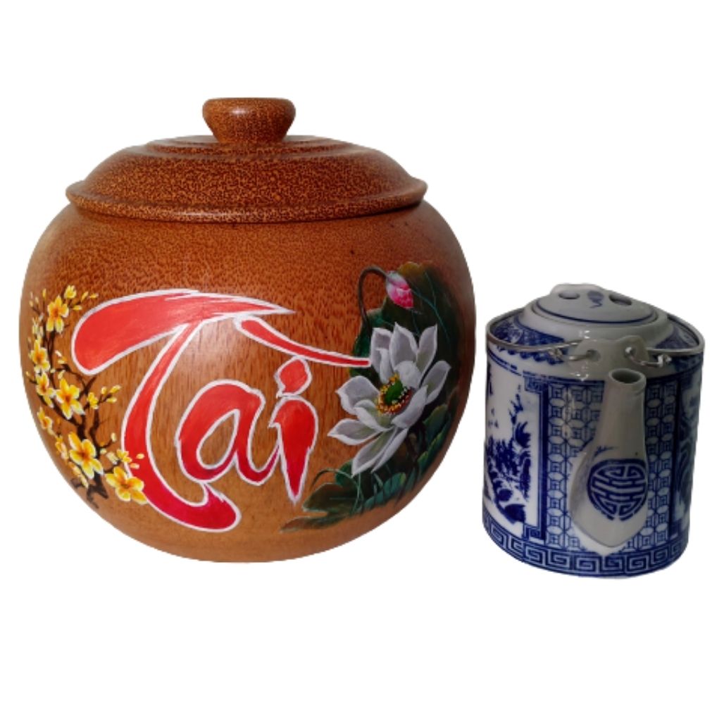 Bình Giữ Ấm Trà Gỗ Dừa Gọn Đẹp Vẽ Hoa Văn Lồng Chữ Tài Và Bình Trà 700 - 950ml - Sản Phẩm Được Sản Xuất Tại Bến Tre