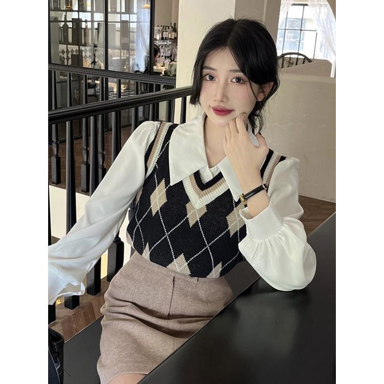 Áo gile len nữ kẻ sọc caro cổ chữ V họa tiết kim cương phối viền kiểu Hàn Quốc hàng Quảng Châu đẹp H-14