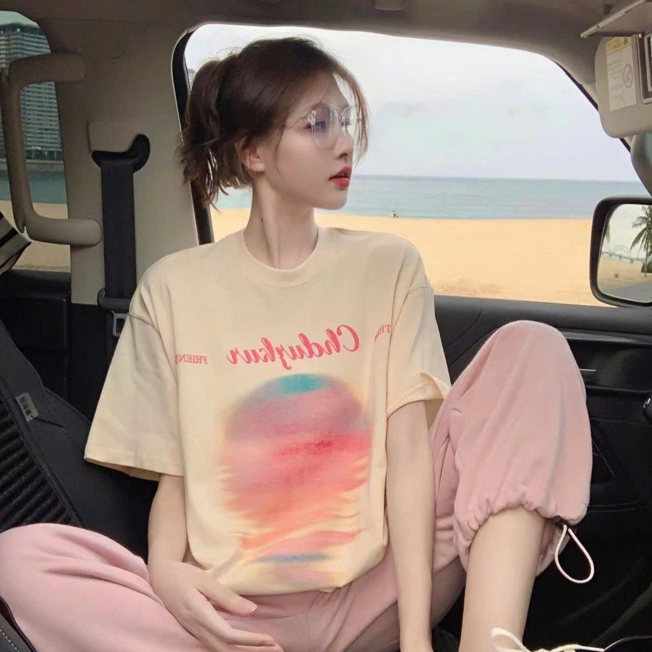 Áo phông nam nữ form rộng 2N Unisex thun cotton in hoàng hôn màu be/đen