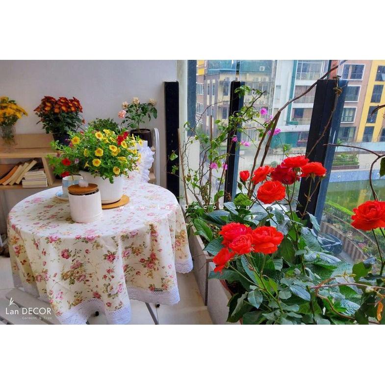 BST Khăn trải bàn tròn đẹp vải Canvas họa tiết hoa lá nhã nhặn Landecor