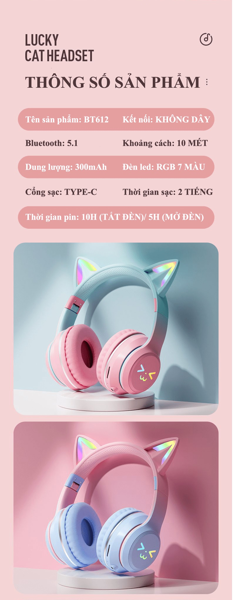 Tai nghe chụp tai BT612 kết nối bằng Bluetooth với thiết kế tai mèo dễ thương có thể gấp gọn tiện lợi kèm theo đèn led RGB - JL