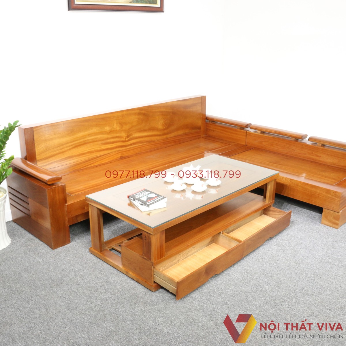 Bộ Sofa Phòng Khách Gỗ Xoan Đào Góc L