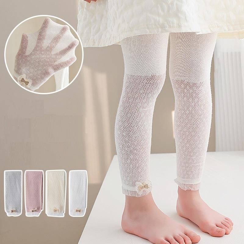 Quần tất không bàn cho bé gái, quần legging lưới mỏng, co giãn 4 chiều đính nhiều họa tiết size từ 1 đến 10 tuổi - Trắng - nơ