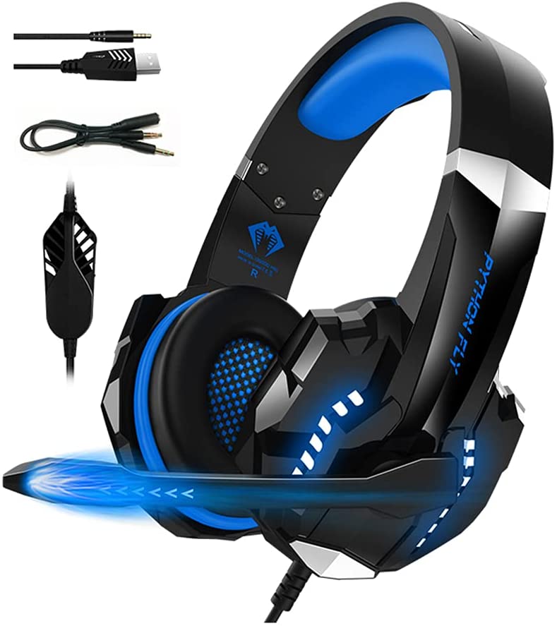 Tai nghe gaming chụp tai PYTHON FLY chống ồn âm thanh stereo cho PS4, PC, Xbox One, PS5, kèm mic đàm thoại, đèn LED, âm bass, vành chụp tai mút mềm cho Laptop Mac-Xanh-Hàng chính hãng