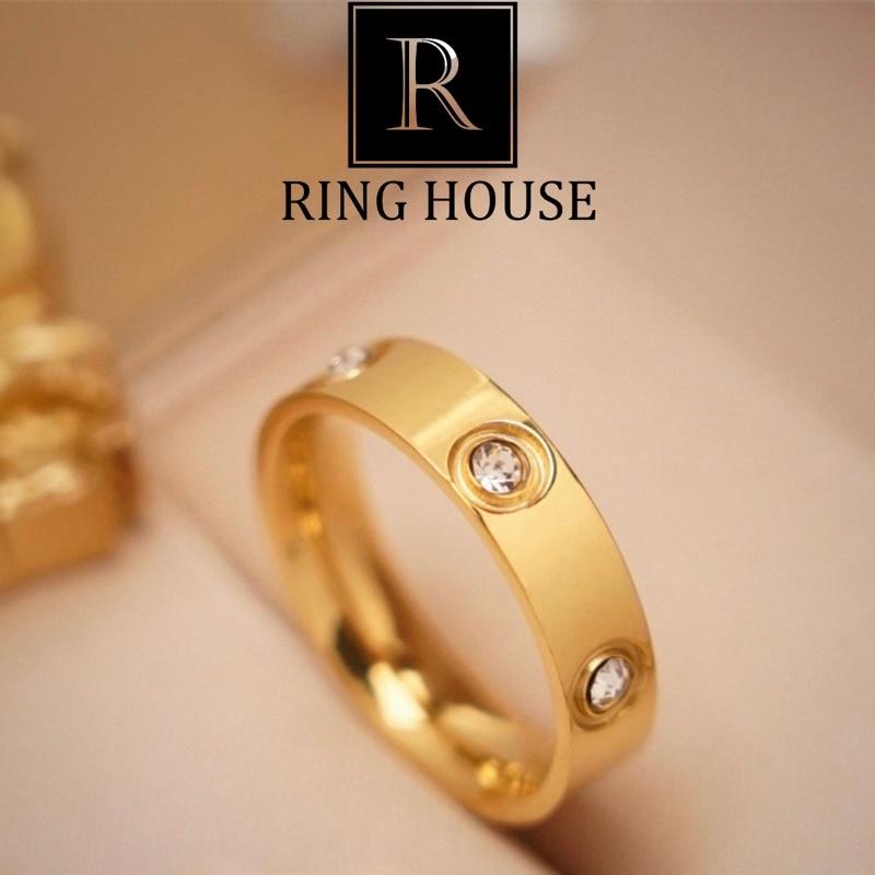 (Titan) Nhẫn Titan Không Rỉ Gỉ Cặp Đôi Nam Nữ Carti Đính 6 Ngọc Vàng Gold Ring House